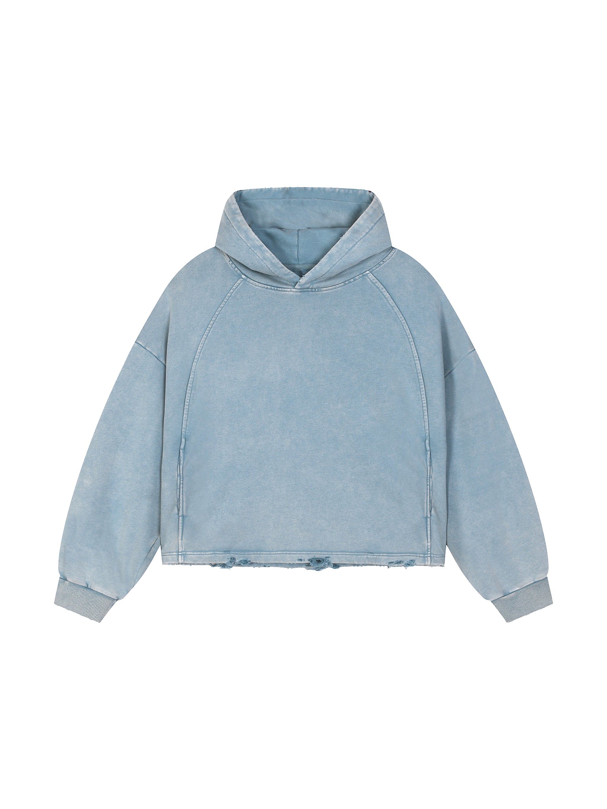Washed Frayed-Hem Hoodie - Light Blue