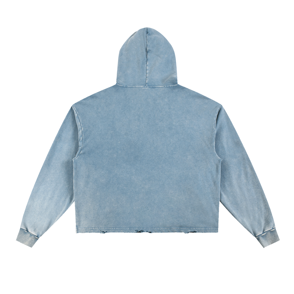 Washed Frayed-Hem Hoodie - Light Blue